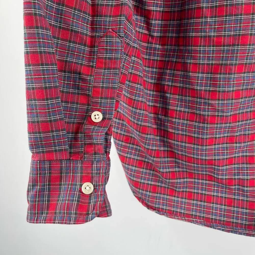 RALPH LAUREN Boys Button Down Shirt Size Medium Plaid Tartan 100% Cotton Red